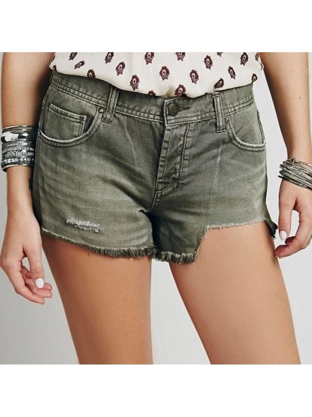Free people Olive Green distressed hem cut off Denim Shorts size 29